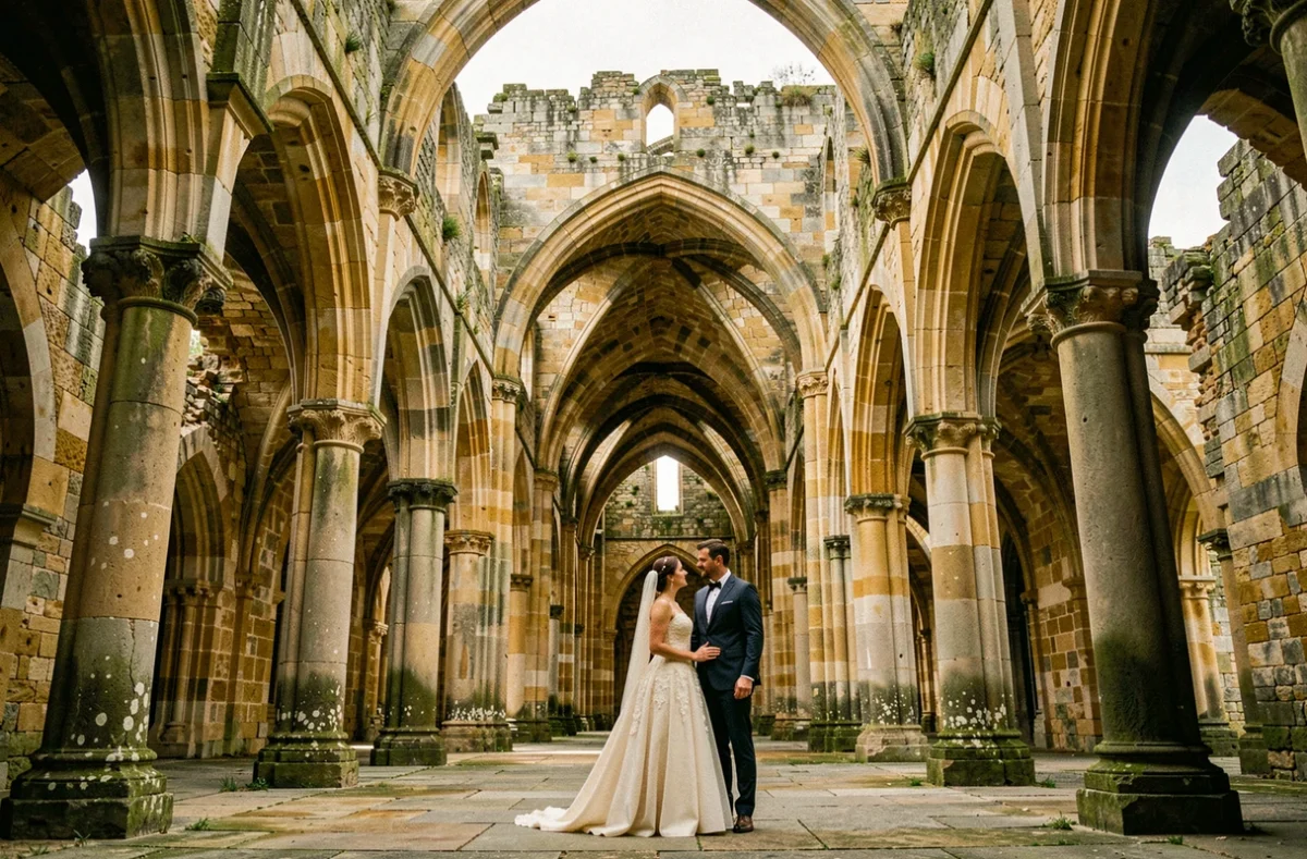 Couple de mariés posant sous les arches gothiques de l'Abbaye de Maillezais en Vendée
