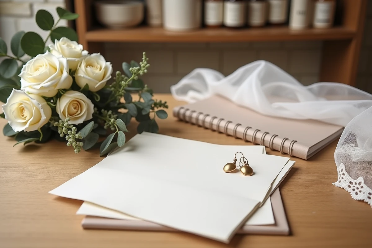 Détails d'accessoires mariage civil chic disposés en flat lay dans une boutique mariage à Bordeaux