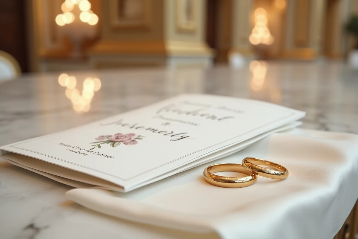 Alliance en or et livret de cérémonie de mariage posés sur marbre dans un lieu de réception monégasque