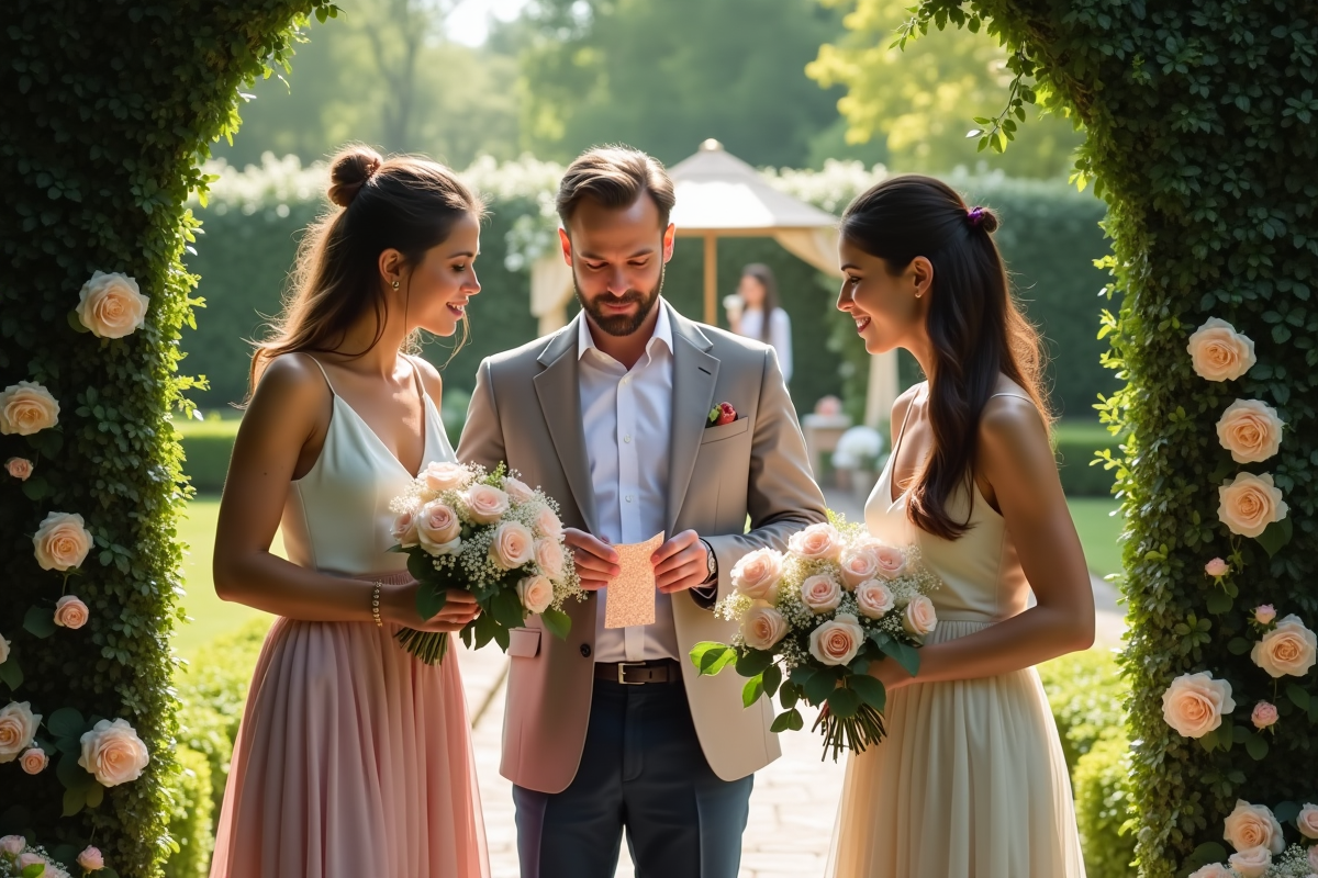 Trois amis discutant de fleurs et tissus dans un jardin fleuri