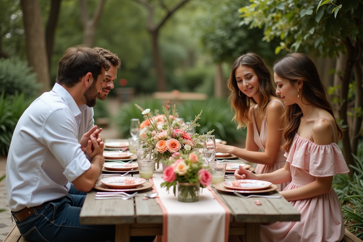 Groupe d amis examine des décorations de mariage en extérieur