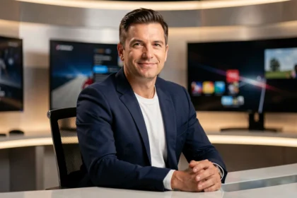 Animateur de télévision souriant en studio, habillé d'un blazer marine, ambiance professionnelle et moderne