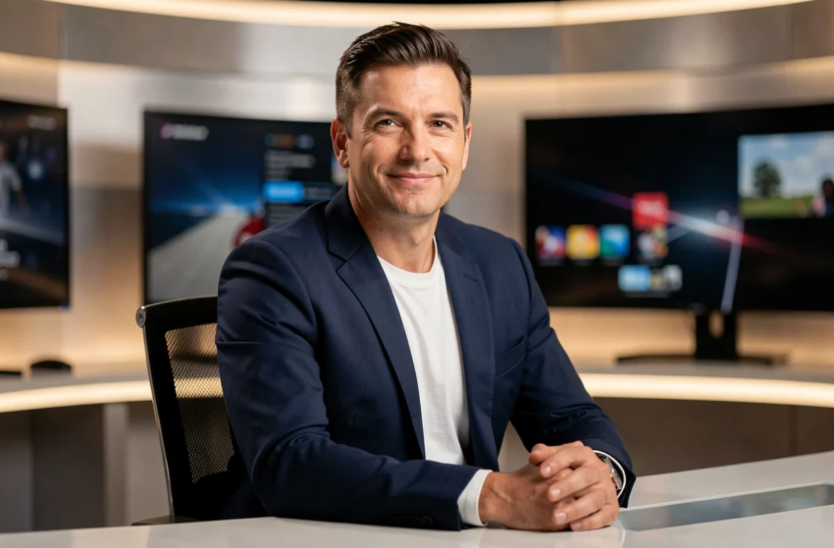 Animateur de télévision souriant en studio, habillé d'un blazer marine, ambiance professionnelle et moderne