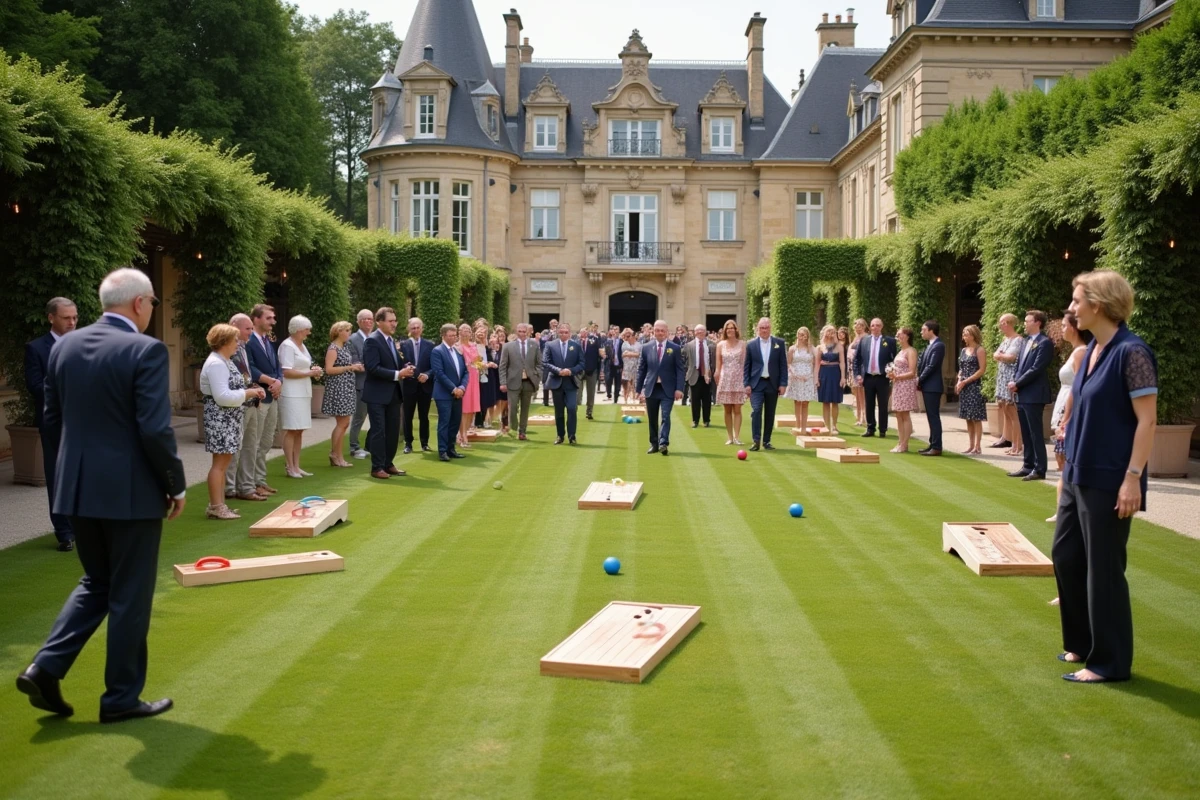 Vue large d'une animation de mariage avec nombreux invités jouant à la pétanque et aux jeux de pelouse devant un château