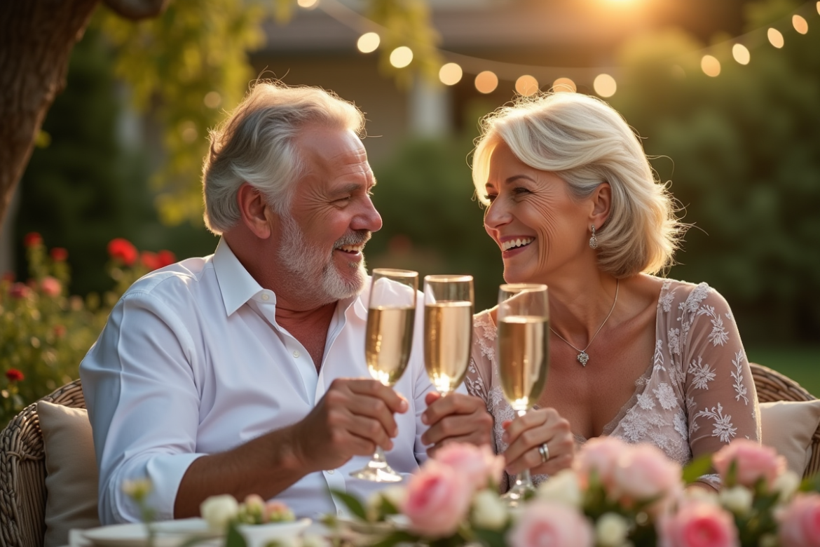 Couple d'âge moyen célébrant leur 32e anniversaire dans un jardin décoré