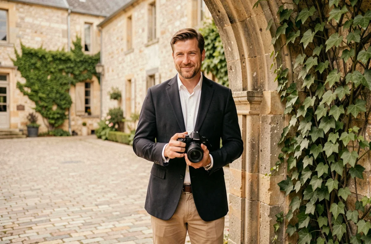 Arnaud Chapelle, photographe de mariage dans le Calvados, posant devant un château normand