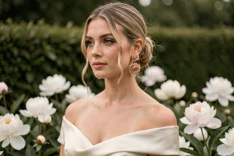 Jeune femme portant des boucles d'oreilles fleuries élégantes pour un mariage chic, coiffure chignon et robe en soie ivoire dans un jardin fleuri