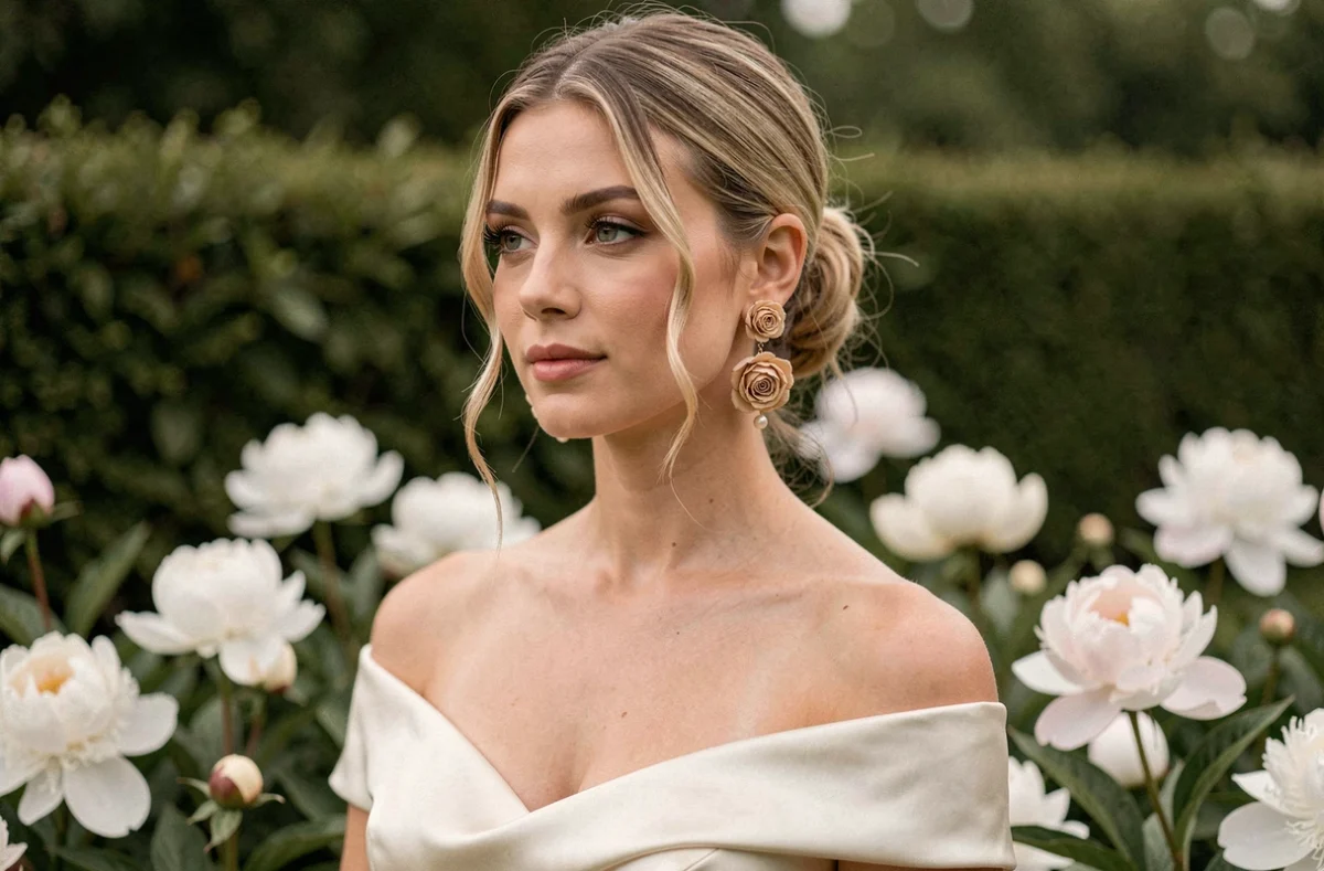 Jeune femme portant des boucles d'oreilles fleuries élégantes pour un mariage chic, coiffure chignon et robe en soie ivoire dans un jardin fleuri