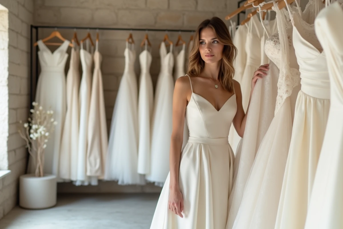 Femme élégante essayant une robe de mariée moderne dans une boutique mariage chic à Bordeaux