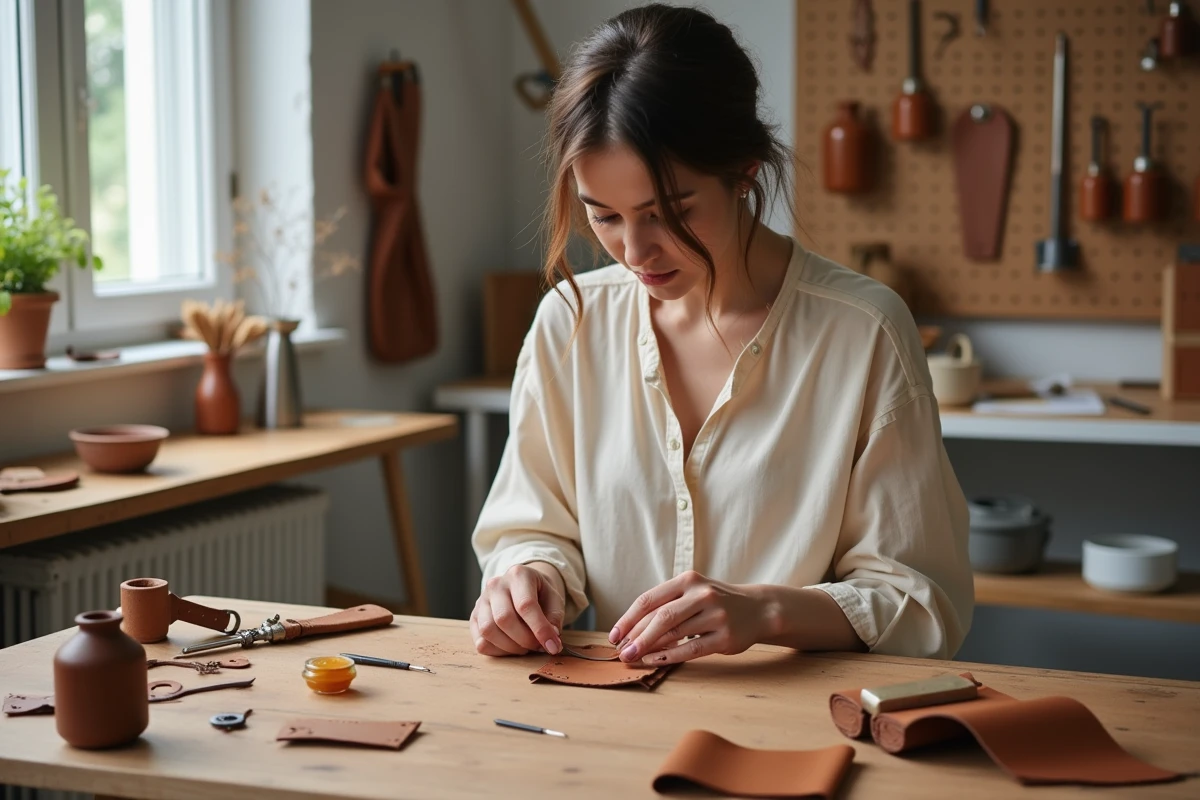Femme fabriquant artisanalement un cadeau en cuir pour les noces de cuir, entourée d'outils de maroquinerie et de matériaux naturels
