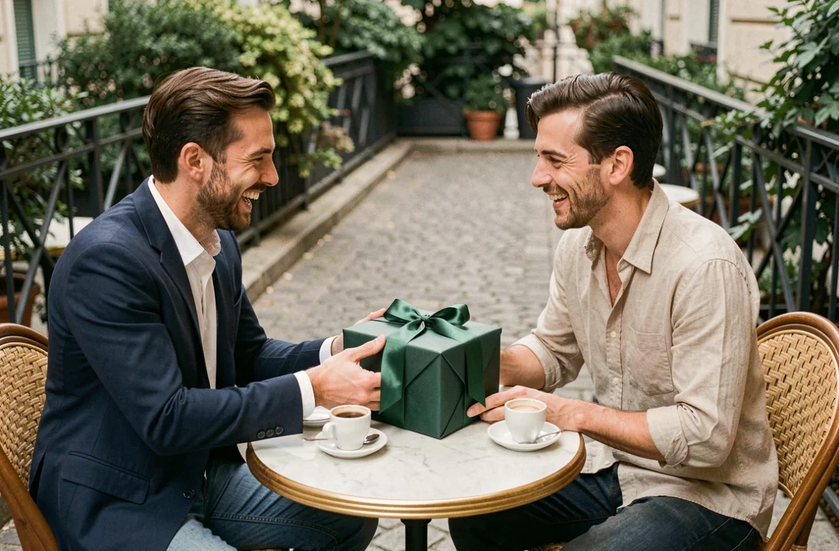 Deux amis échangeant un cadeau de témoin de mariage en terrasse de café parisien