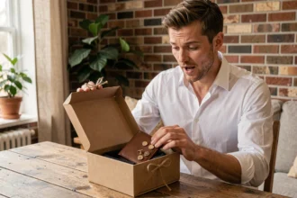 Homme découvrant un cadeau de témoin personnalisé avec portefeuille en cuir et boutons de manchette gravés