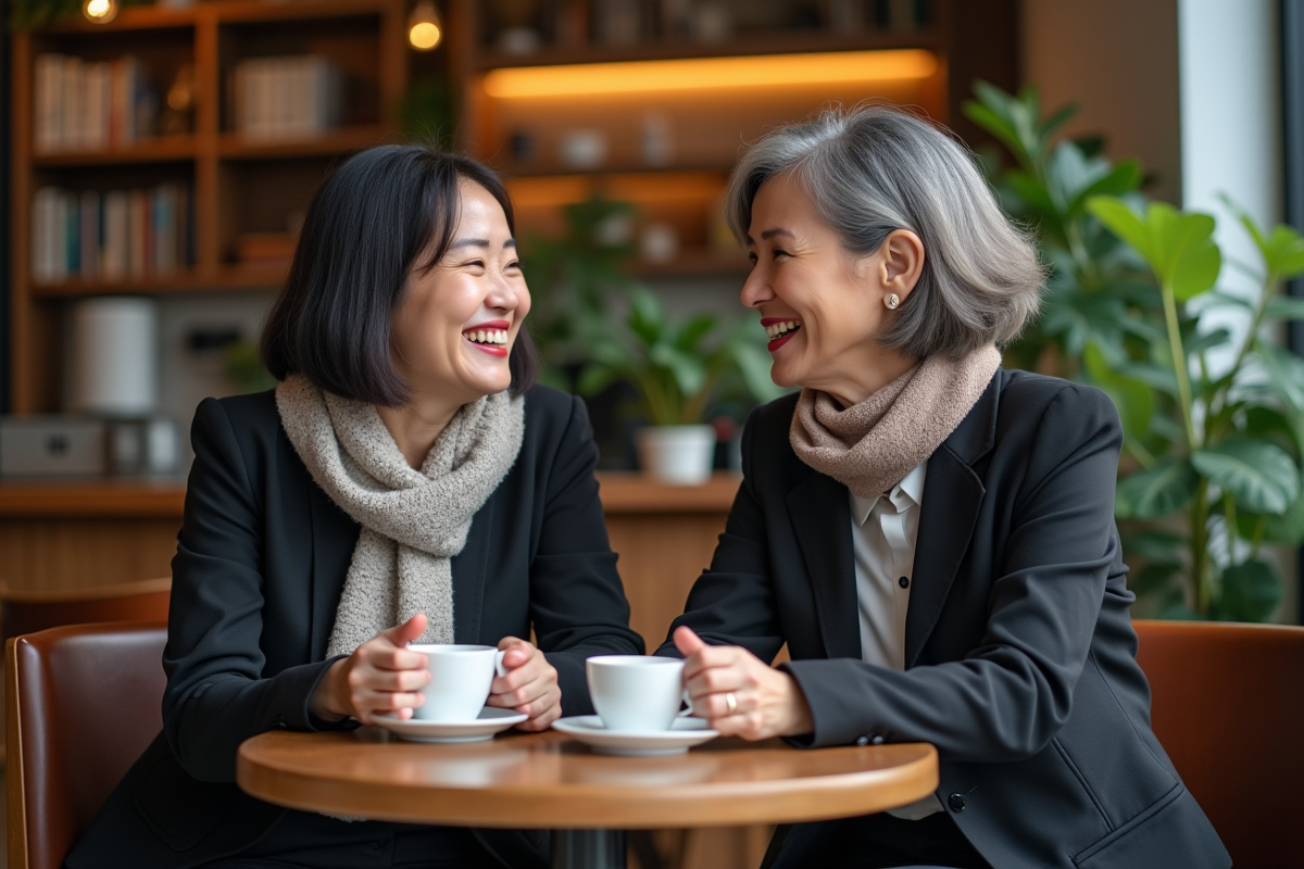Deux femmes assises au cafe partageant un rire