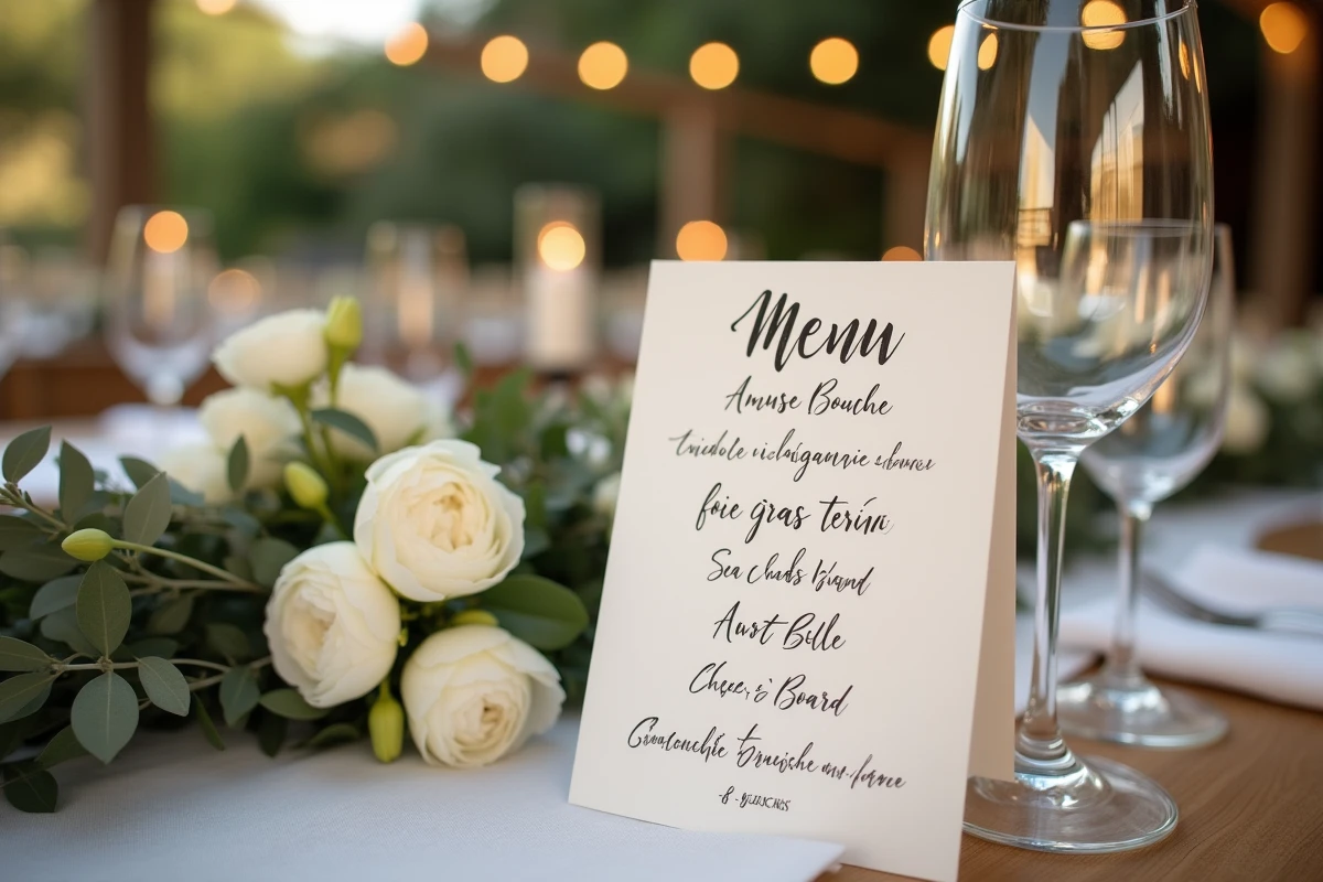 Carte de menu de mariage calligraphiée posée contre un verre en cristal sur une table de réception en terrasse