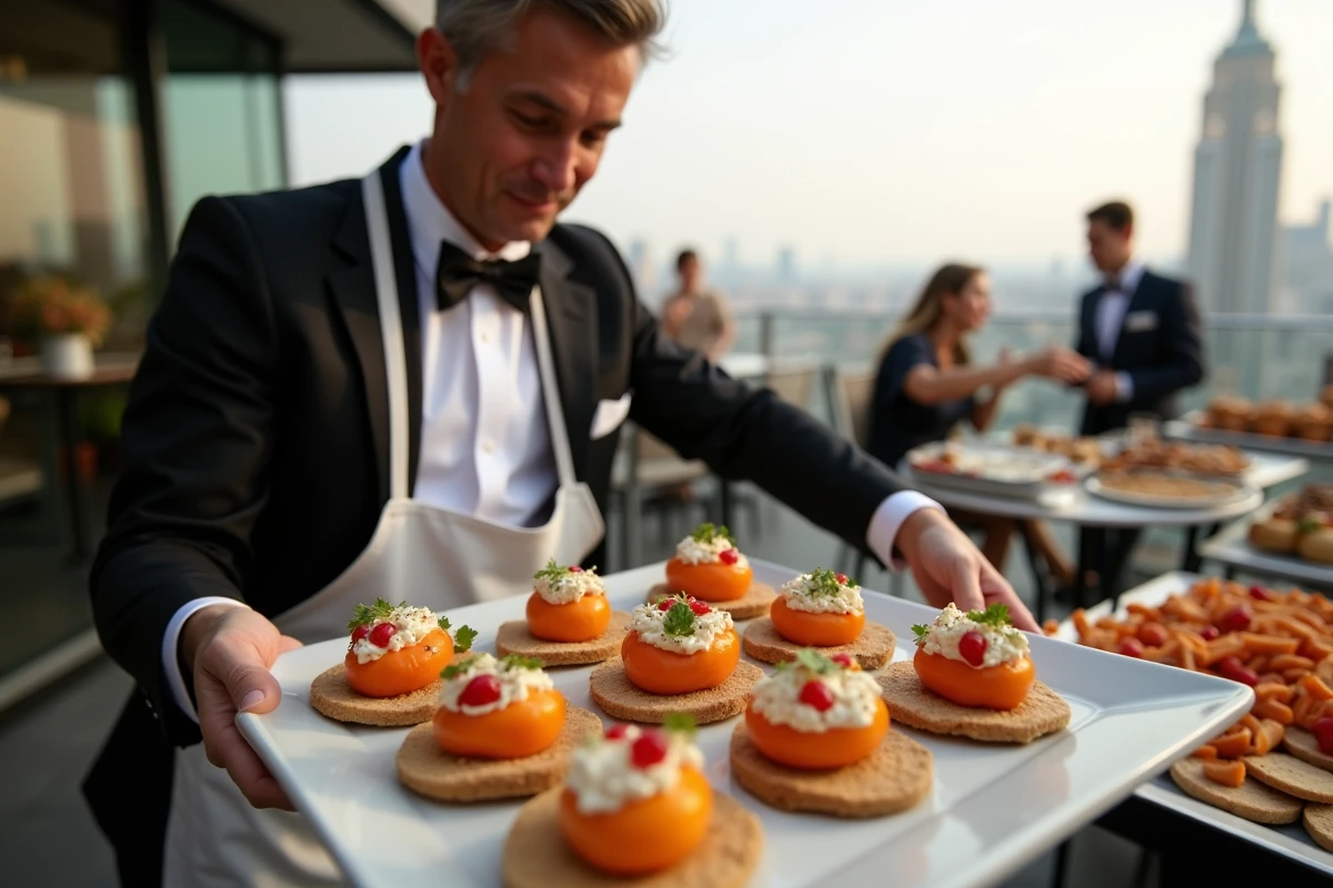 Cuisinier préparant des amuse-bouches sur un toit urbain