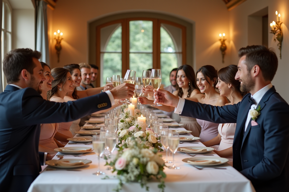 Groupe d invités trinquant dans la salle de réception