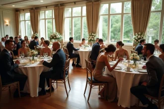 Groupe d'adultes élégants lors d'un mariage en salle