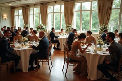 Groupe d'adultes élégants lors d'un mariage en salle