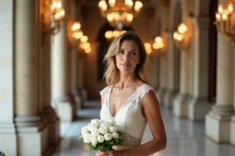 Cérémonie de mariage élégante dans un lieu parisien classique avec mariée en robe ivoire et colonnes en pierre dorée