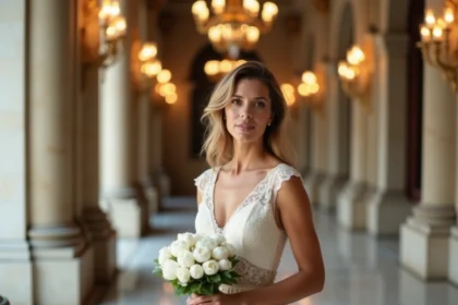 Cérémonie de mariage élégante dans un lieu parisien classique avec mariée en robe ivoire et colonnes en pierre dorée