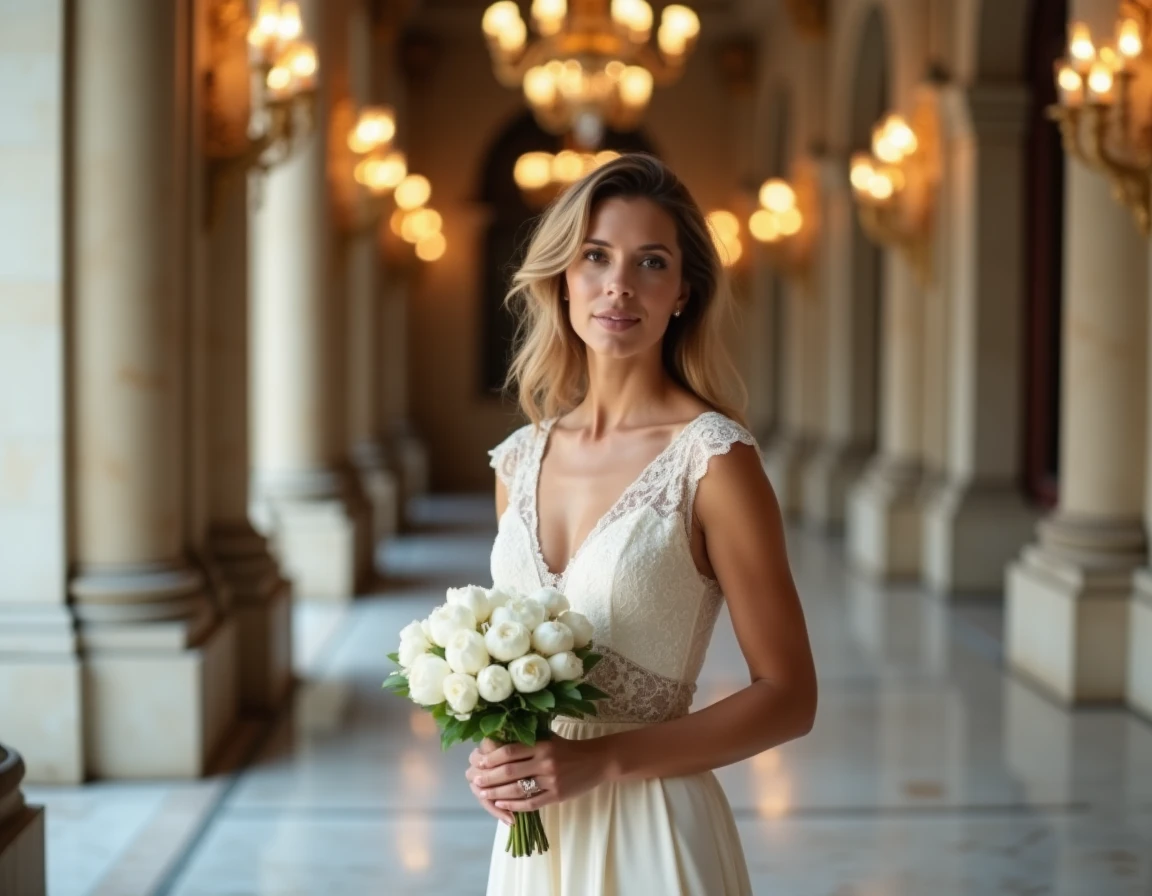 Cérémonie de mariage élégante dans un lieu parisien classique avec mariée en robe ivoire et colonnes en pierre dorée