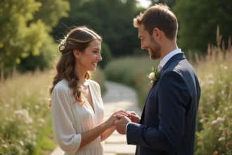 Couple échangeant des vœux laïques écrits à la main lors d'une cérémonie de mariage en plein air dans un jardin fleuri