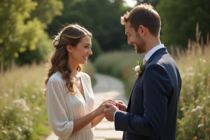 Couple échangeant des vœux laïques écrits à la main lors d'une cérémonie de mariage en plein air dans un jardin fleuri