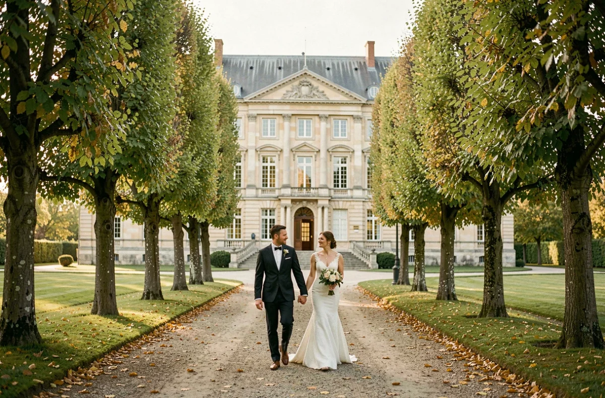 Mariés se promenant sur l'allée arborée menant au Château de la Chevallerie en Vendée