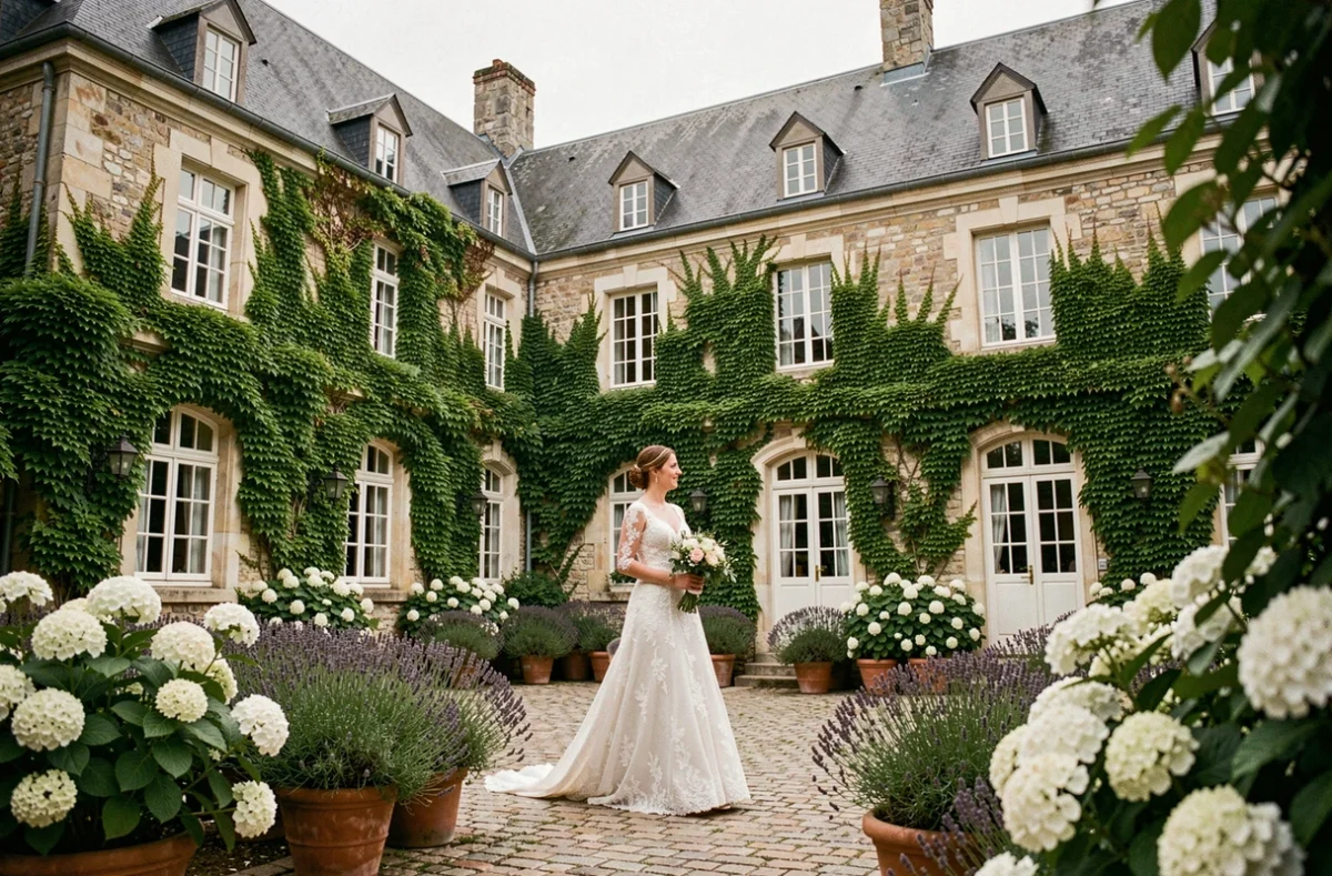 Mariée traversant la cour pavée du Château de la Cressonnière entourée d'hortensias blancs