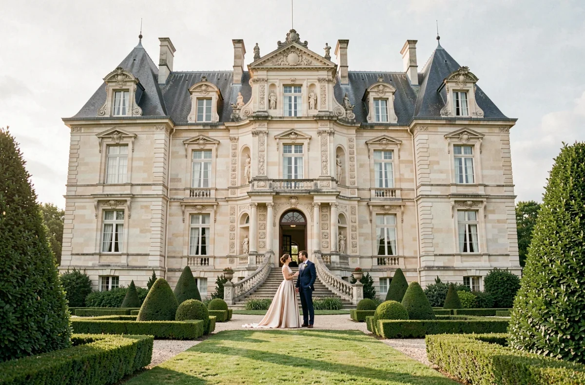 Couple de mariés devant la façade en pierre du Château de la Sébrandière en Vendée