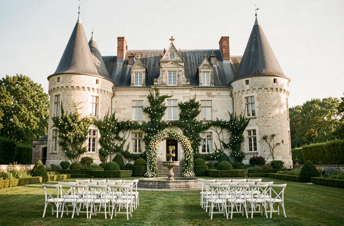 Cérémonie de mariage en plein air devant les tourelles du Château de la Vérie entourées de roses grimpantes