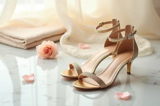 Chaussures de mariée dorées à bride de cheville sur marbre blanc avec pétales de roses, style éditorial élégant petit budget