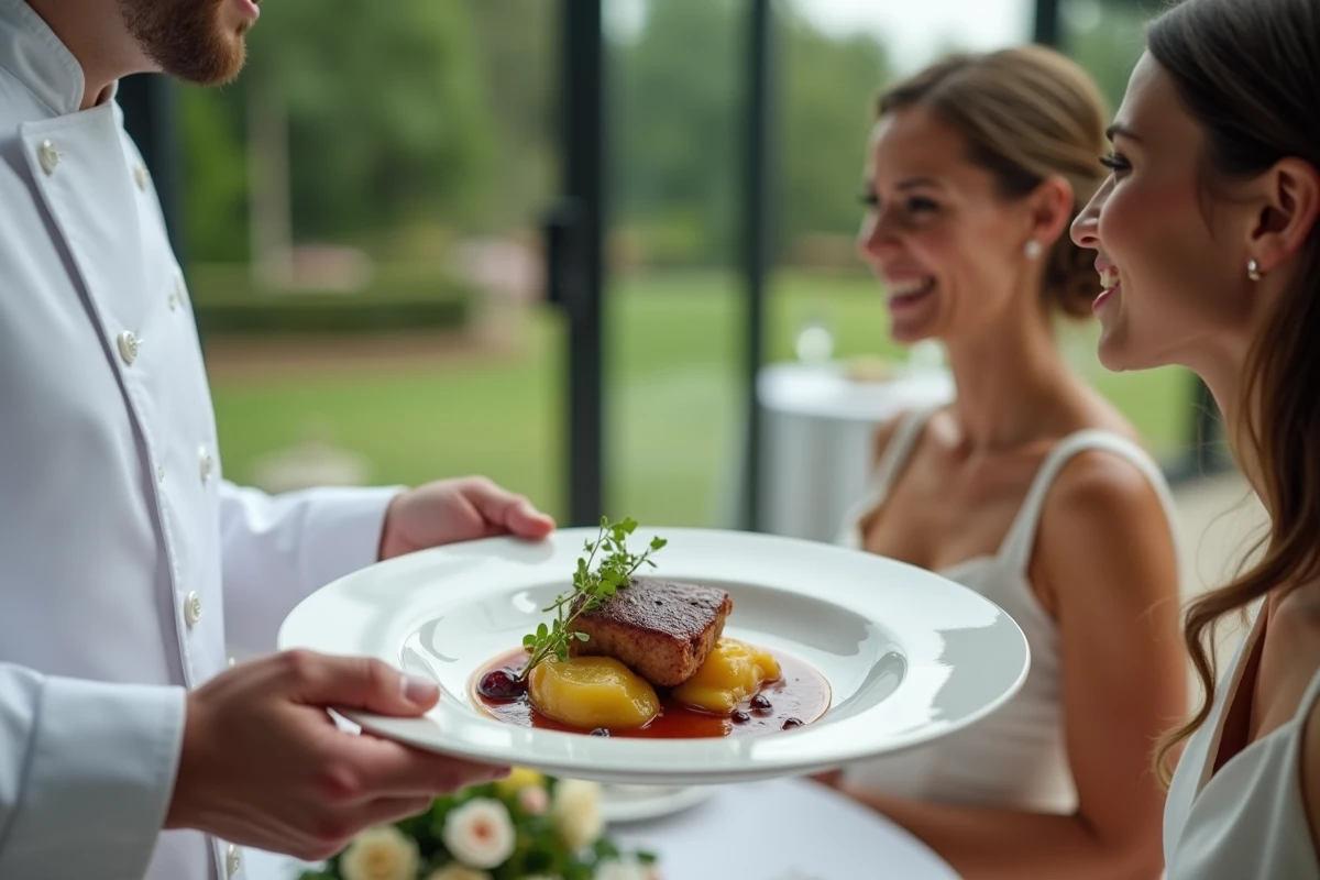 Chef traiteur présentant le plat principal aux mariés lors d'une réception de mariage moderne