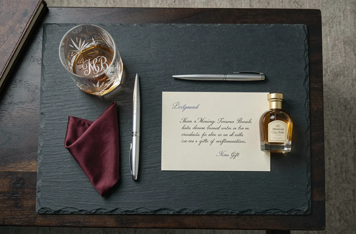 Flat-lay élégant d'un coffret cadeau de témoin de mariage pour homme avec verre gravé et accessoires raffinés