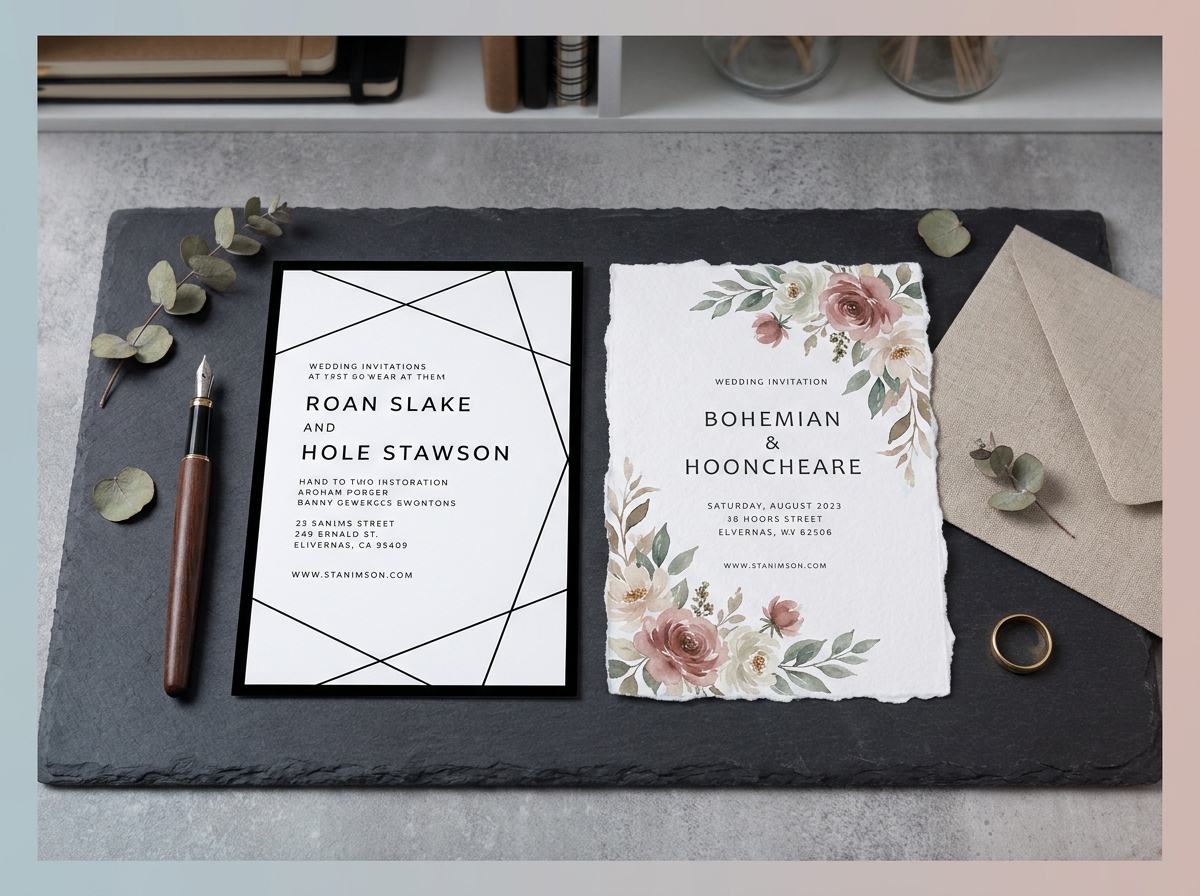 Comparaison de deux faire-part de mariage côte à côte, l'un minimaliste noir et blanc, l'autre bohème aquarelle floral, sur fond ardoise avec accessoires de papeterie