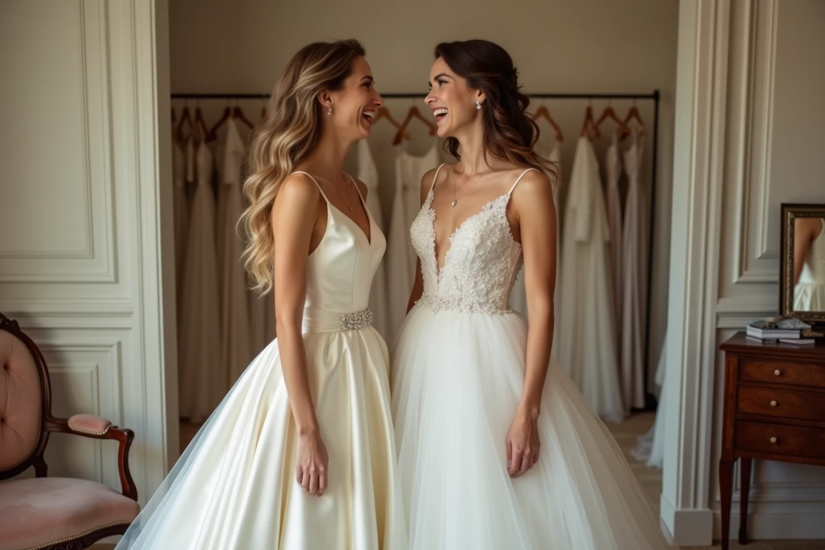Comparaison robe de mariée ivoire et blanche portées côte à côte dans un salon d'essayage élégant