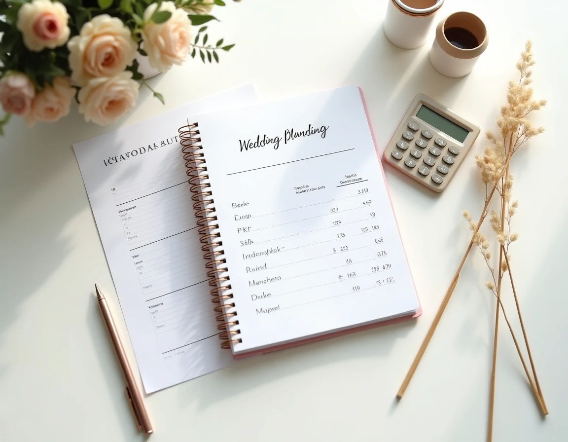 Vue de dessus d'un bureau avec contrat de wedding planner, carnet de budget mariage et calculatrice pour comparer les coûts