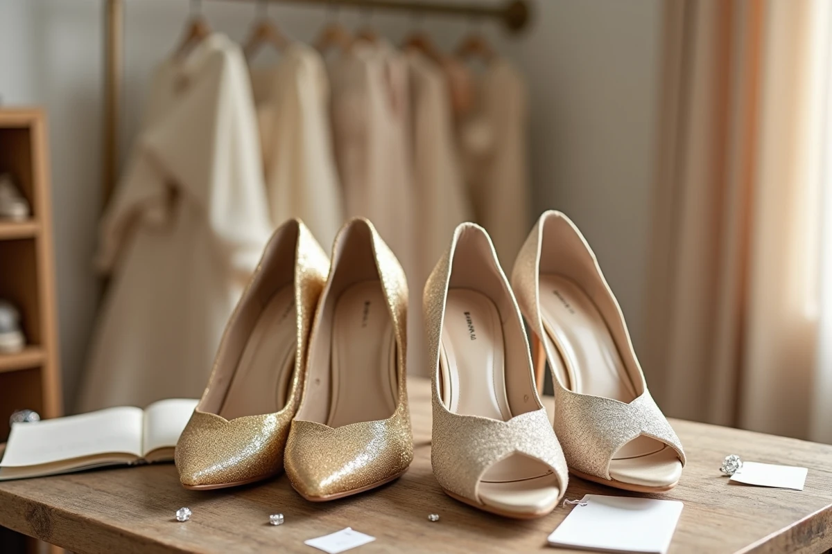 Deux paires de chaussures de mariée dorées à petit prix côte à côte sur une coiffeuse en bois, comparatif style boutique nuptiale