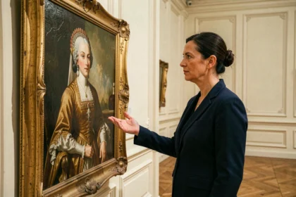 Une conservatrice de musée devant un portrait de Marie-Thérèse d'Autriche, épouse de Louis XIV, dans une galerie classique