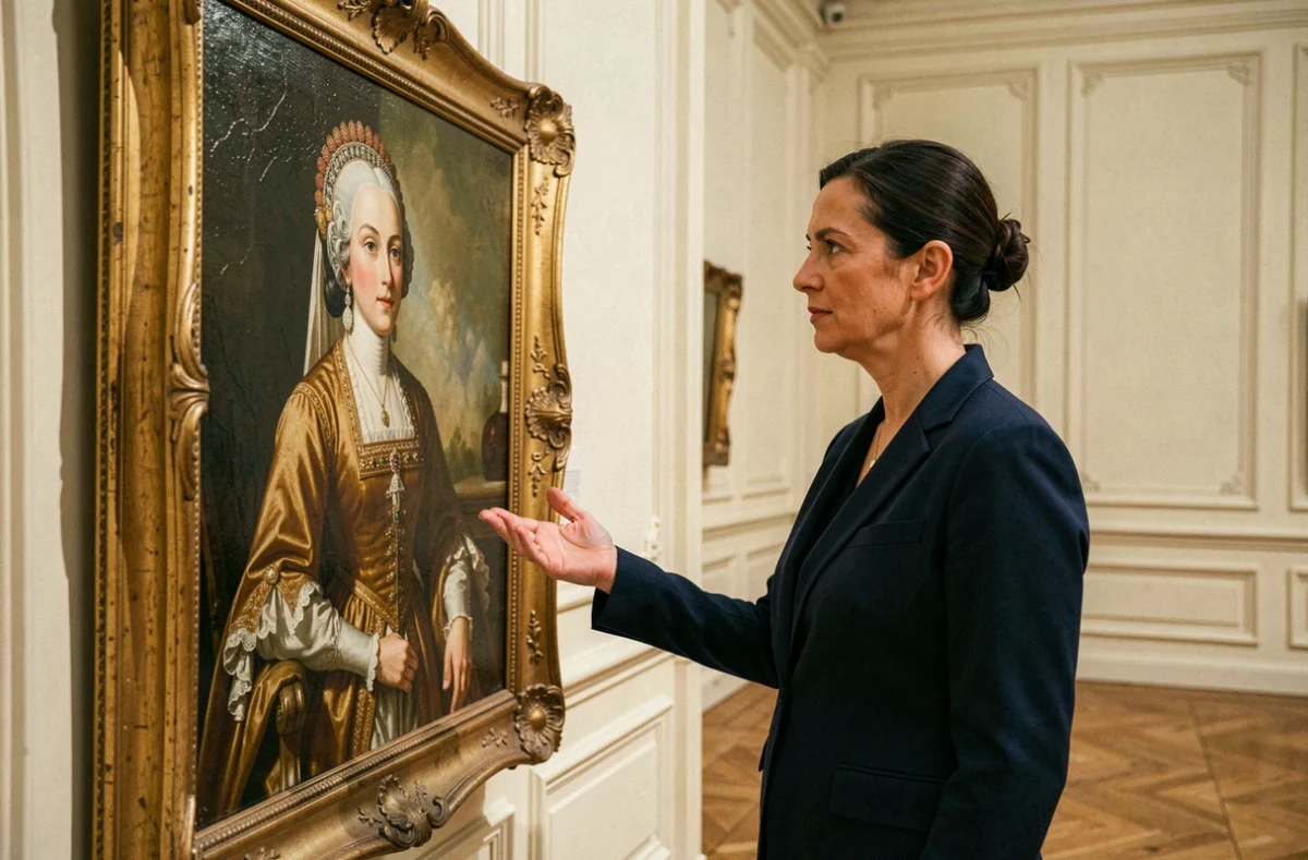 Une conservatrice de musée devant un portrait de Marie-Thérèse d'Autriche, épouse de Louis XIV, dans une galerie classique