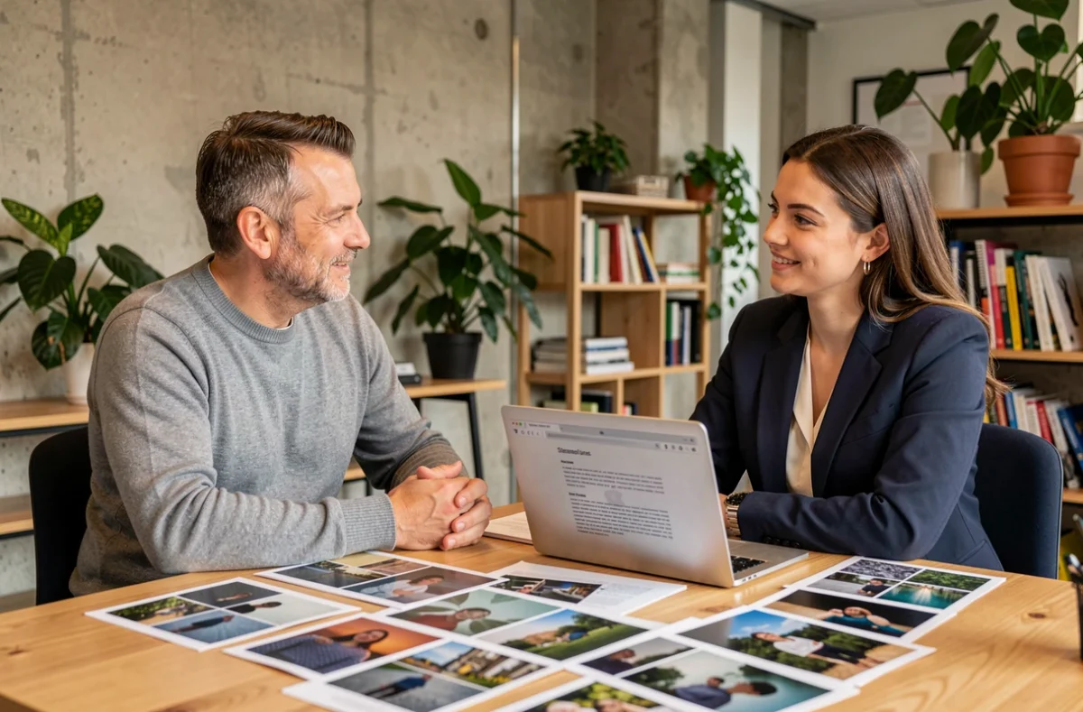 Réunion de consultation entre un photographe et une cliente pour un projet à Meyzieu
