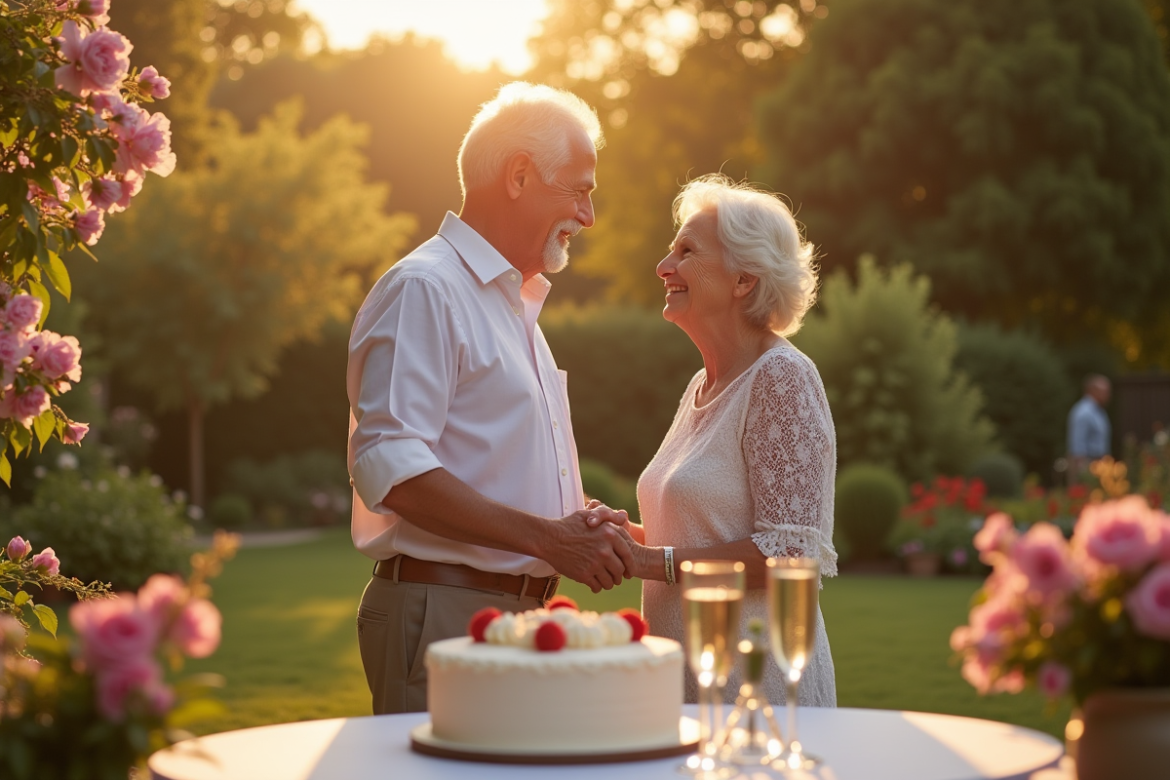 Couple d'anciens mariés riant dans un jardin en fête