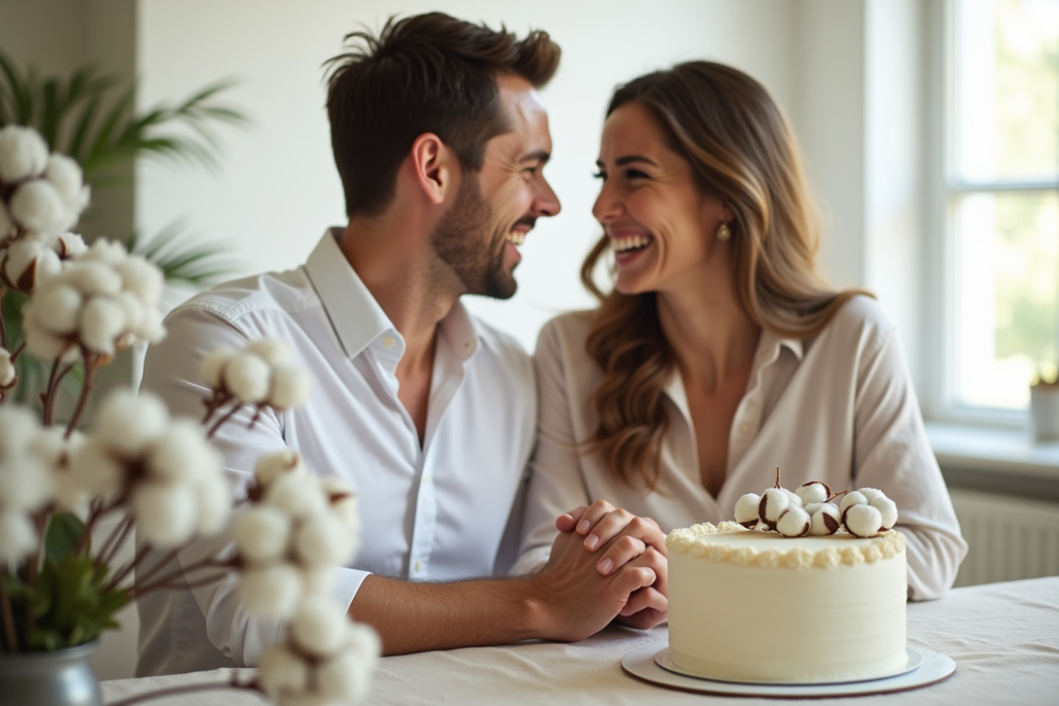 Jeune couple marié souriant avec bouquet de coton et gâteau d anniversaire