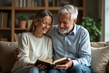 Couple marié lisant la Bible dans un salon chaleureux