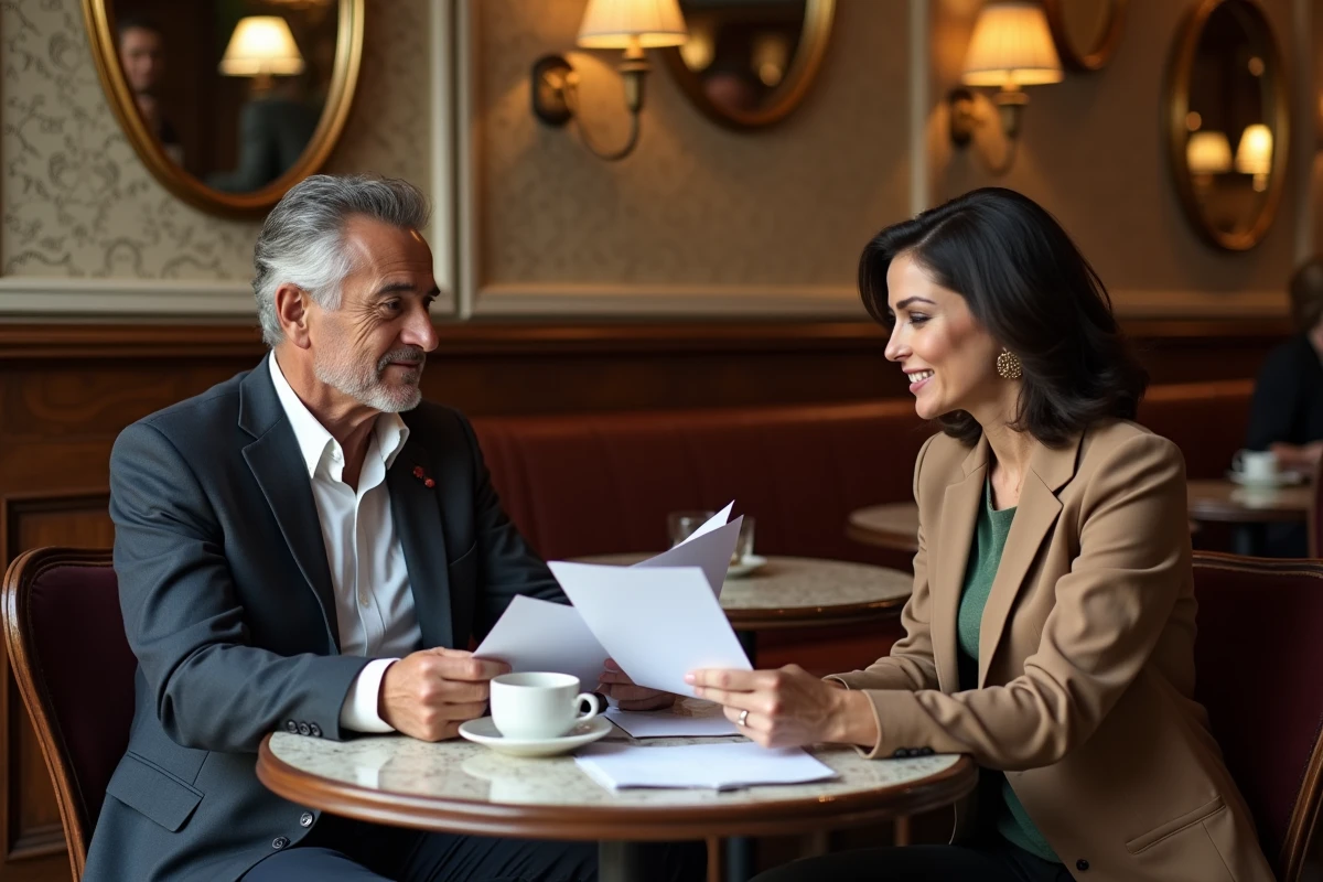 Couple dans une brasserie parisienne classique, symbolisant la complicité et la vie commune d'un journaliste médiatique et de son épouse