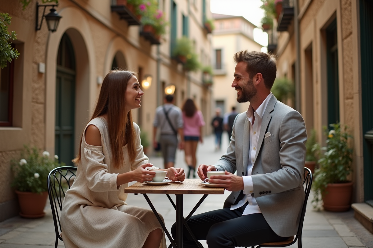 Jeune couple en voyage partageant un cafe en vieille ville