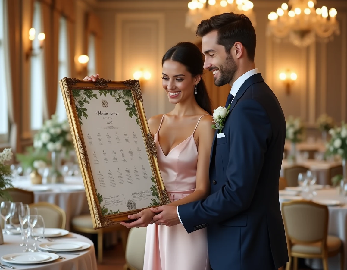 Couple consultant le plan de table de leur mariage affiché dans un élégant salon de réception avec lustres et décoration florale
