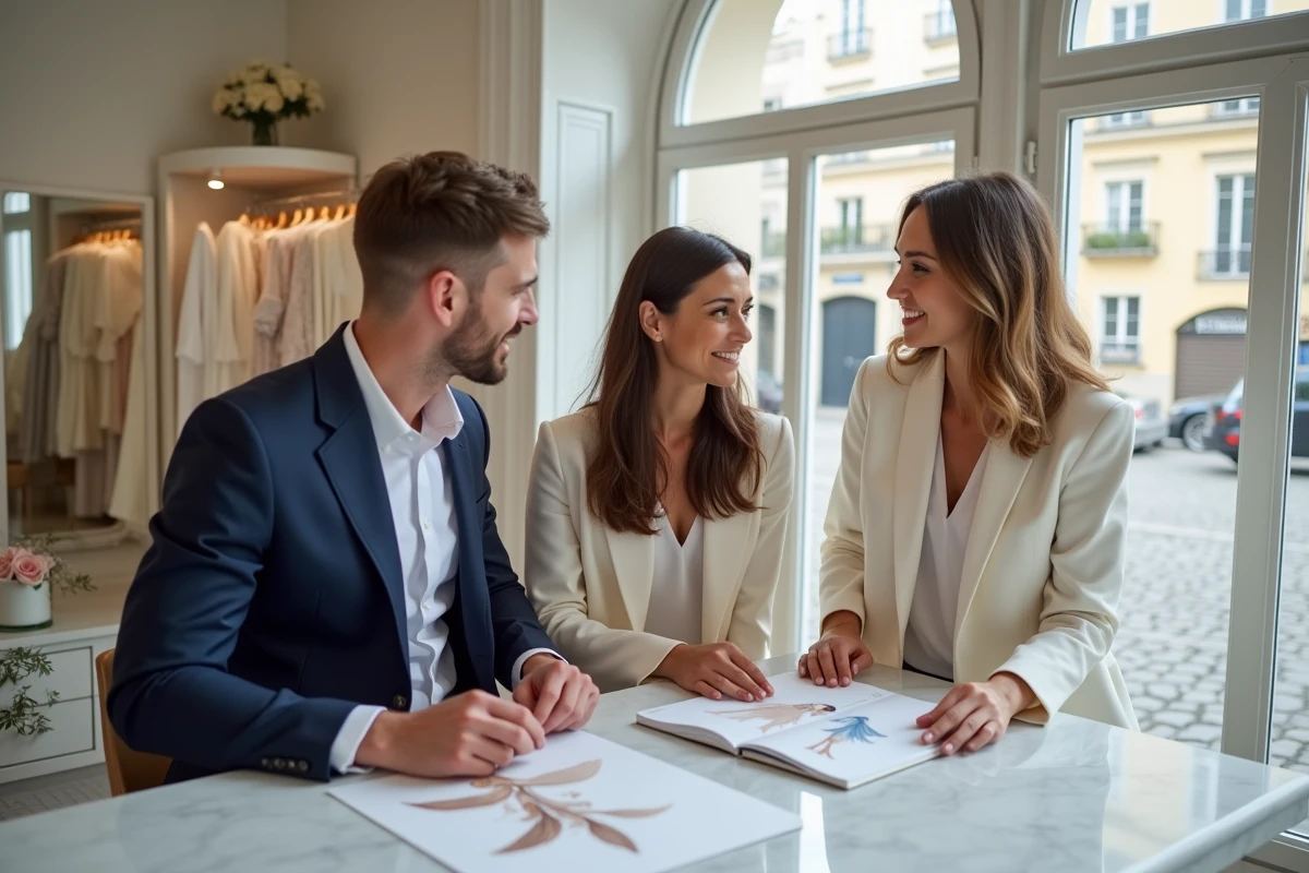 Couple consultant un styliste dans un magasin mariage moderne à Bordeaux pour une cérémonie civile