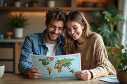 Jeune couple regardant une carte du monde à la maison