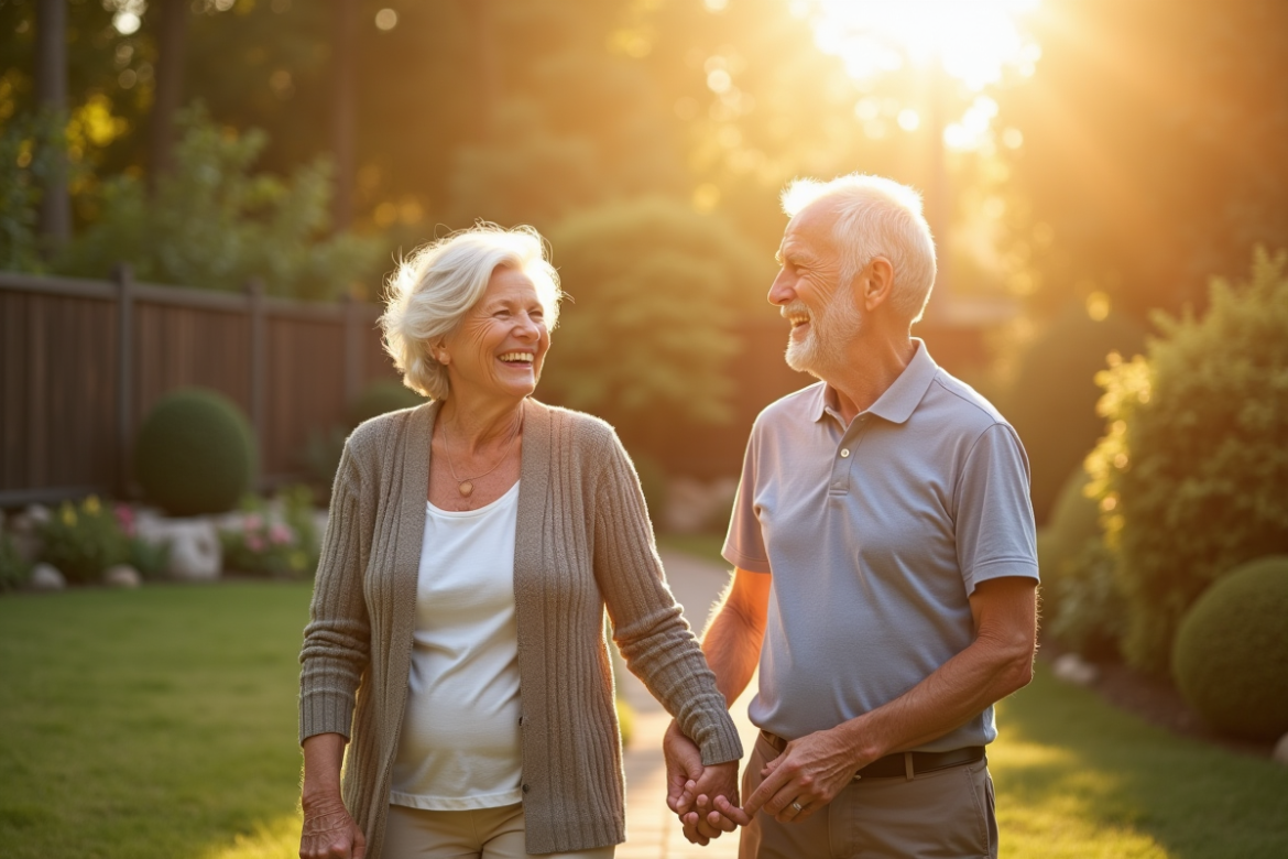 Couple senior souriant dans un jardin ensoleille